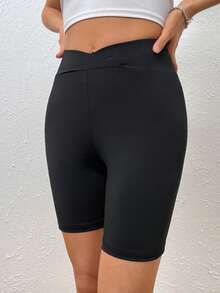 SHEIN EZwear 素色騎行褲 - 黑色 - 查看 4