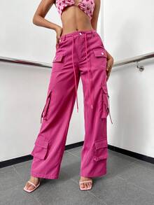 Quần nữ Nút Túi Dây kéo màu trơn Giải trí - Màu Hồng Tươi - Xem 4