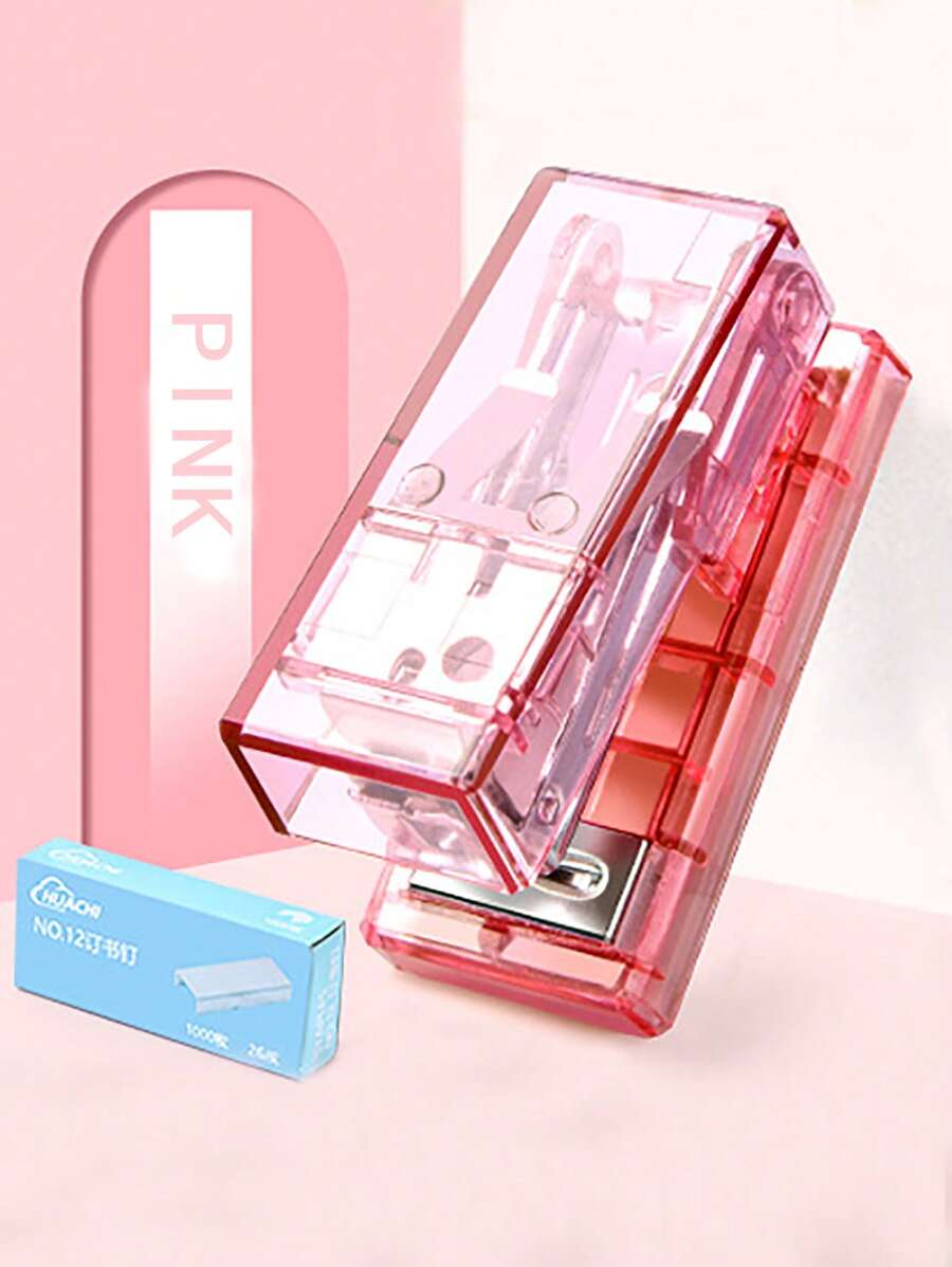 huachi 1pc Solid Color Stapler & 1box Staple, Simple Multi-purpose Stapler For Office, School - Pink - View 1