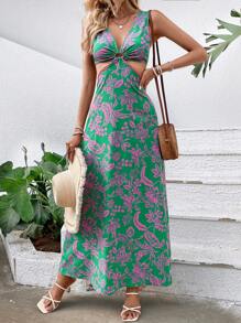 SHEIN VCAY 印花腰部鏤空洋裝 - 綠色 - 查看 6