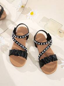 Girls Ruched Detail Faux Pearl Decor Ankle Strap Sandals For Outdoor - Black - View 1