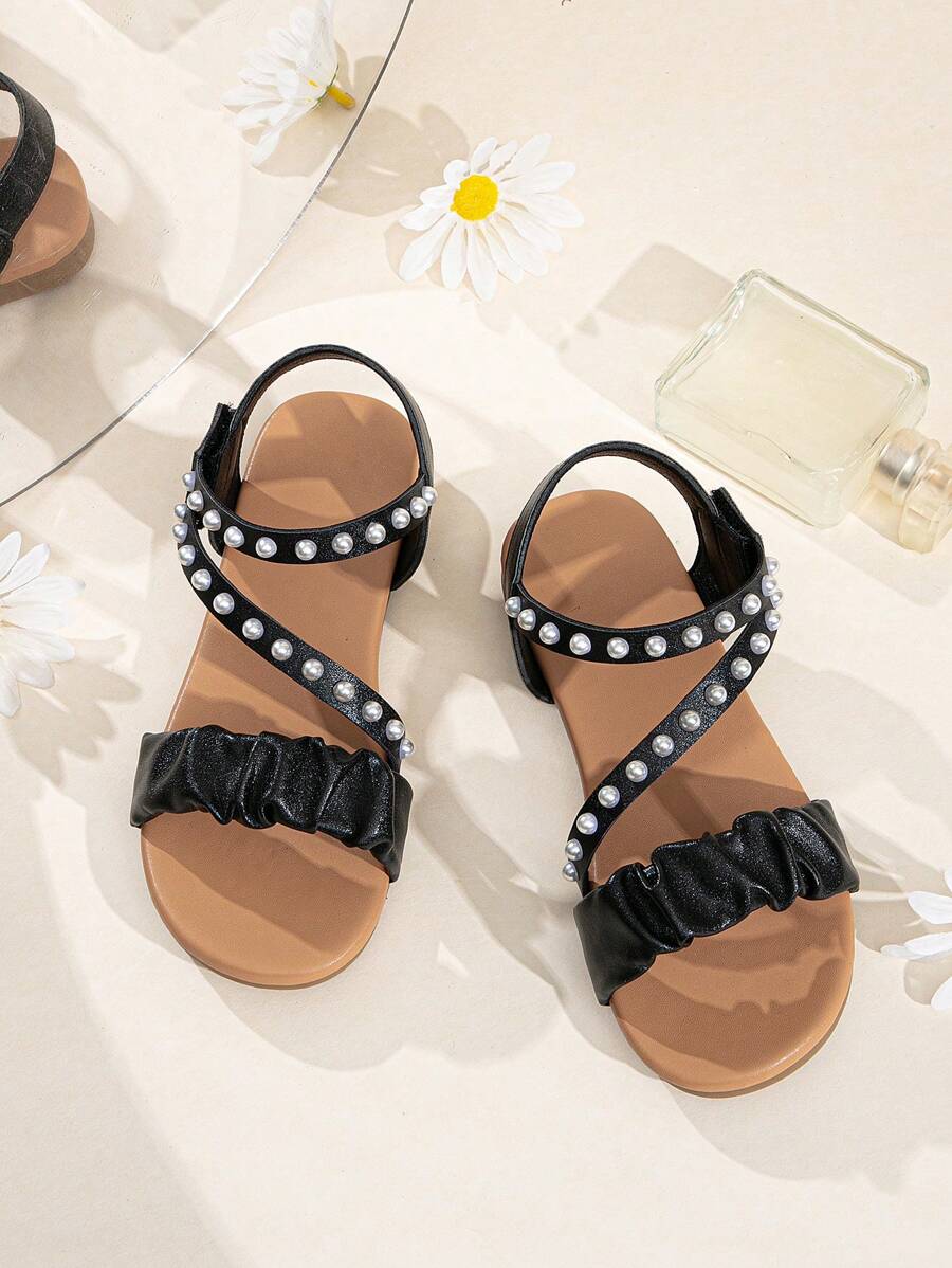 Girls Ruched Detail Faux Pearl Decor Ankle Strap Sandals For Outdoor - Black - View 1