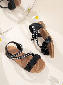 Girls Ruched Detail Faux Pearl Decor Ankle Strap Sandals For Outdoor - Black - View 3