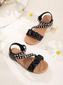 Girls Ruched Detail Faux Pearl Decor Ankle Strap Sandals For Outdoor - Black - View 5
