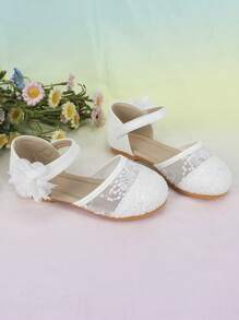 Baby Girls Sequin & Flower Decor Princess Ankle Strap Flats For Outdoor - White - View 2