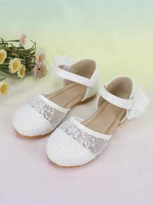 Baby Girls Sequin & Flower Decor Princess Ankle Strap Flats For Outdoor - White - View 4