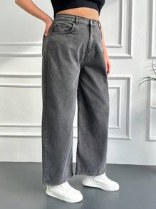 RueChic Quần Jeans Ống Rộng Cạp Cao Size Lớn - Xám - Xem 3