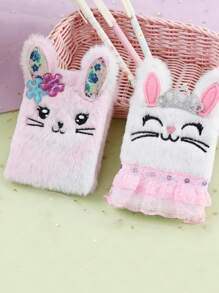 1pc Cartoon Rabbit Embroidered Fuzzy Notebook, Cute Portable Writable Journal Notebook For School Student Back To School