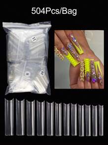 504片長方形半透明水管形假指甲套裝，美甲必備用品 - 無色 - 查看 3