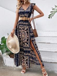 Breezaya 圍巾圖案荷葉邊高衩連衣裙不附腰帶 - 藏蓝色 - 查看 1