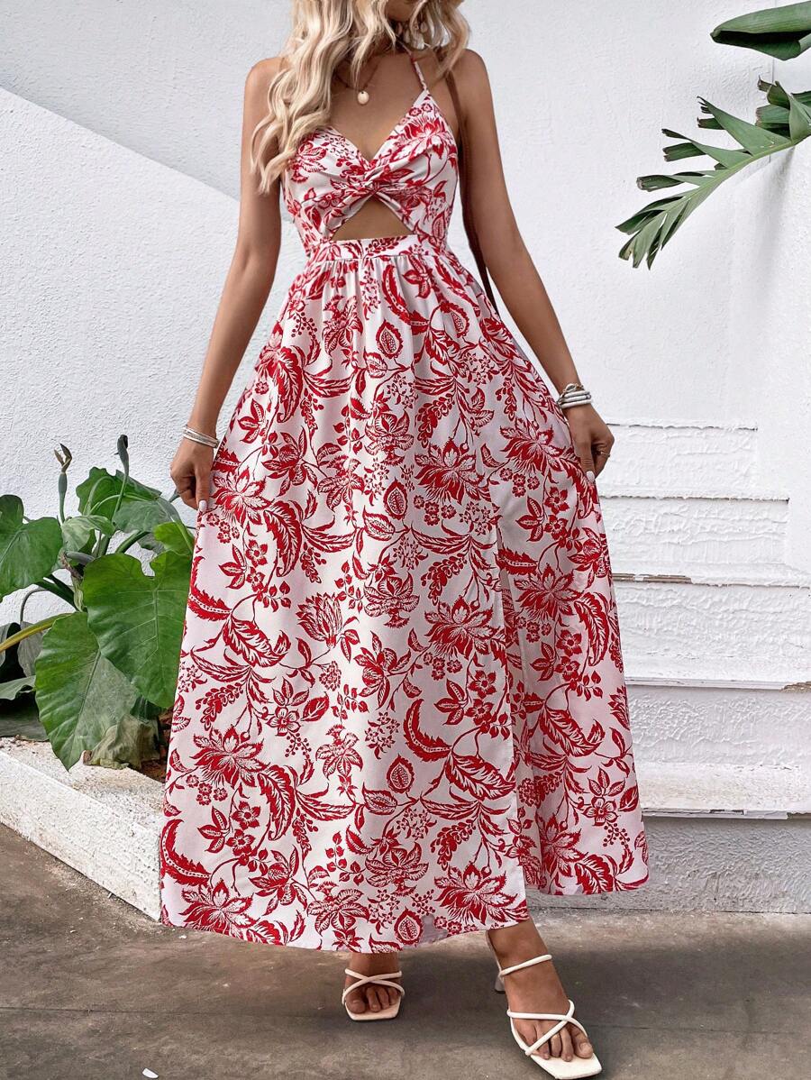 SHEIN VCAY 印花前扭結高衩吊帶洋裝不附腰帶 - 紅白色 - 查看 1
