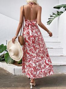 SHEIN VCAY 印花前扭結高衩吊帶洋裝不附腰帶 - 紅白色 - 查看 2