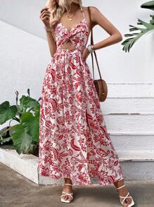 SHEIN VCAY 印花前扭結高衩吊帶洋裝不附腰帶 - 紅白色 - 查看 4