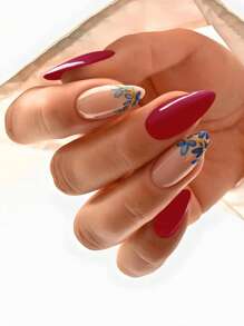 Get Glamorous With 24pcs Long Almond Leaf Print Glitter Fake Nail Kit For Women And Girls - Red - View 1