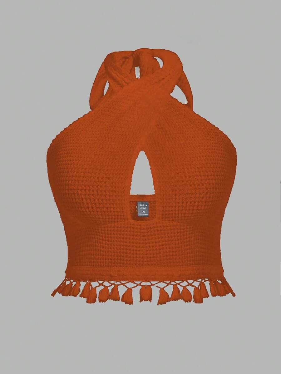 SHEIN SunnyBelle 大碼流蘇邊十字交叉後背繫帶掛脖上衣 - 亮橙色 - 查看 1