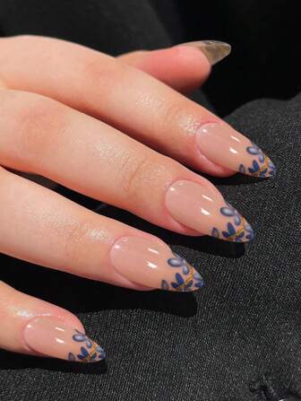 24入組長形杏仁花印花假指甲套裝，適用於女性和女孩的貼式指彈甲品供應，打造美麗時尚