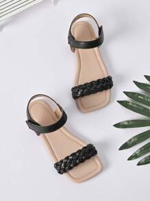 Girls Braided Detail Hook-and-loop Fastener Vacation Ankle Strap Sandals For Summer - Black - View 1