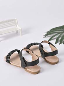 Girls Braided Detail Hook-and-loop Fastener Vacation Ankle Strap Sandals For Summer - Black - View 2
