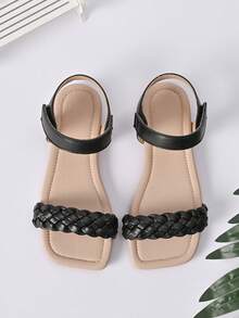 Girls Braided Detail Hook-and-loop Fastener Vacation Ankle Strap Sandals For Summer - Black - View 7