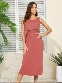 Váy Bà bầu Tách cao màu trơn Giải trí - Gỗ đỏ - Xem 4