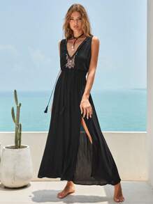 Bohemela Floral Embroidery Split Thigh Dress