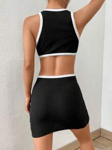 SHEIN EZwear 腰部鏤空撞色滾邊緊身連衣裙 - 黑與白 - 查看 2