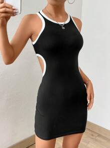 SHEIN EZwear 腰部鏤空撞色滾邊緊身連衣裙 - 黑與白 - 查看 1