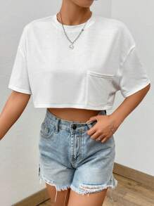 SHEIN EZwear Áo thun nữ Túi màu trơn Giải trí - trắng - Xem 3