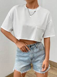 SHEIN EZwear Áo thun nữ Túi màu trơn Giải trí - trắng - Xem 1