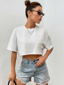 SHEIN EZwear Áo thun nữ Túi màu trơn Giải trí - trắng - Xem 5