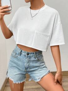 SHEIN EZwear Áo thun nữ Túi màu trơn Giải trí - trắng - Xem 6