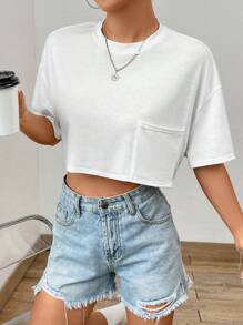 SHEIN EZwear Áo thun nữ Túi màu trơn Giải trí - trắng - Xem 7