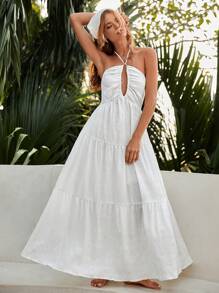 Bohemela Drawstring Ruched Tie Backless Ruffle Hem Halter Dress