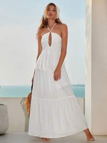 Bohemela Drawstring Ruched Tie Backless Ruffle Hem Halter Dress