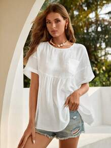 Bohemela Áo sơ mi nữ Túi màu trơn Dễ thương - trắng - Xem 1