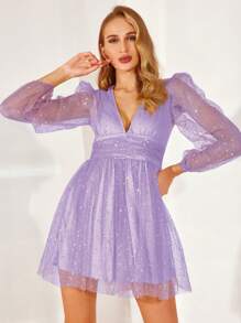 Double Crazy 燈籠袖亮片網紗連衣裙 - 紫丁香色 - 查看 1