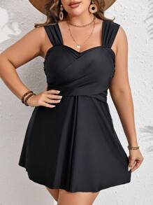 SHEIN Swim Curve Plus Size Solid Ruched Tankini Summer Beach - Black - View 6