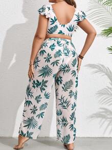 SHEIN Swim Curve 大尺碼熱帶印花荷葉邊比基尼套裝搭配長褲沙灘遮陽衣，適用於夏季沙灘