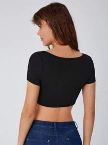 RueChic Solid Ruched Bust Crop Tee - Black - View 2
