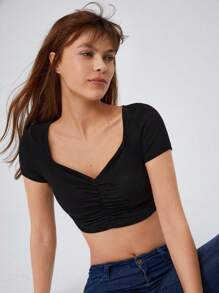 RueChic Solid Ruched Bust Crop Tee - Black - View 3
