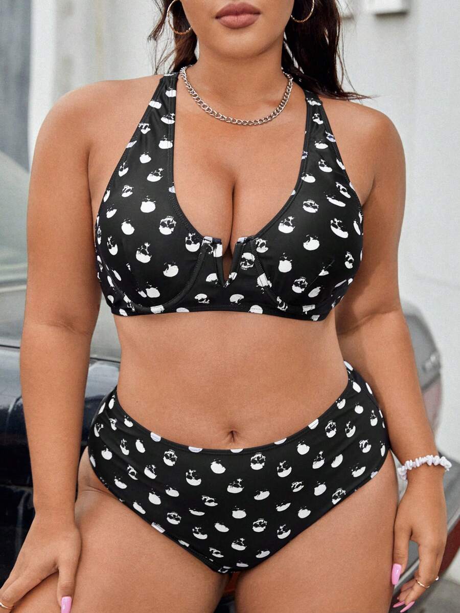 SHEIN Swim Curve Plus Size Skeleton Print Crisscross Back Bikini Set Summer Beach - Black - View 1