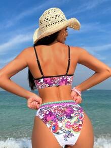 SHEIN Swim Bộ bikini bó họa tiết hoa mùa hè tương phản - Nhiều màu - Xem 2