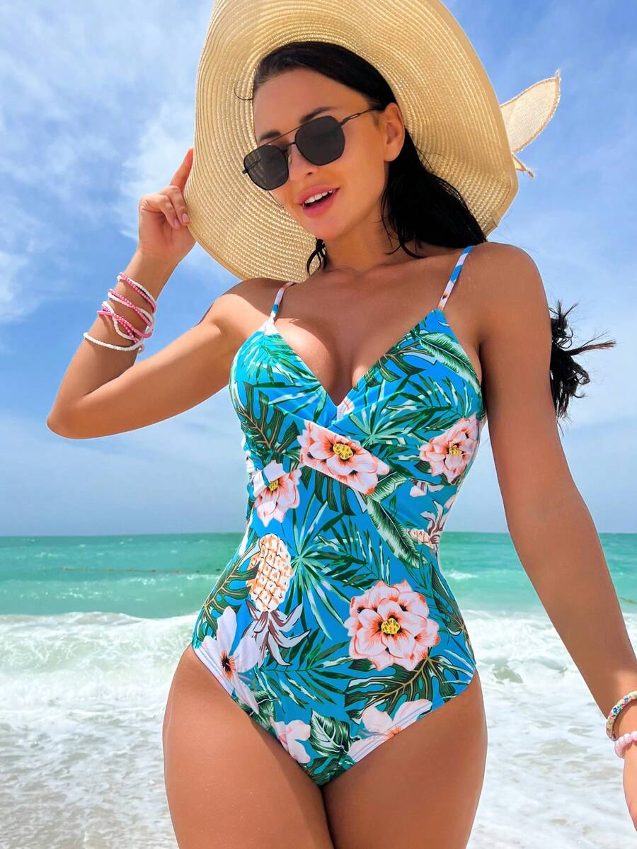 Tropical Print One Piece Swimsuit - Multicolor - View 1