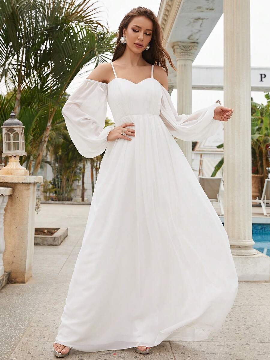 Cold Shoulder Lantern Sleeve Wedding Dress - White - View 1