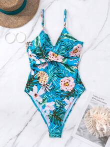 Tropical Print One Piece Swimsuit - Multicolor - View 4