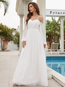 Cold Shoulder Lantern Sleeve Wedding Dress - White - View 3