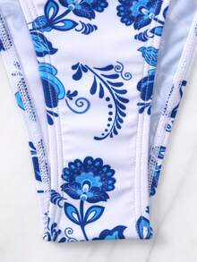 Floral Print Chain Linked Bikini Set - Blue and White - View 6