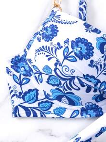 Floral Print Chain Linked Bikini Set - Blue and White - View 7