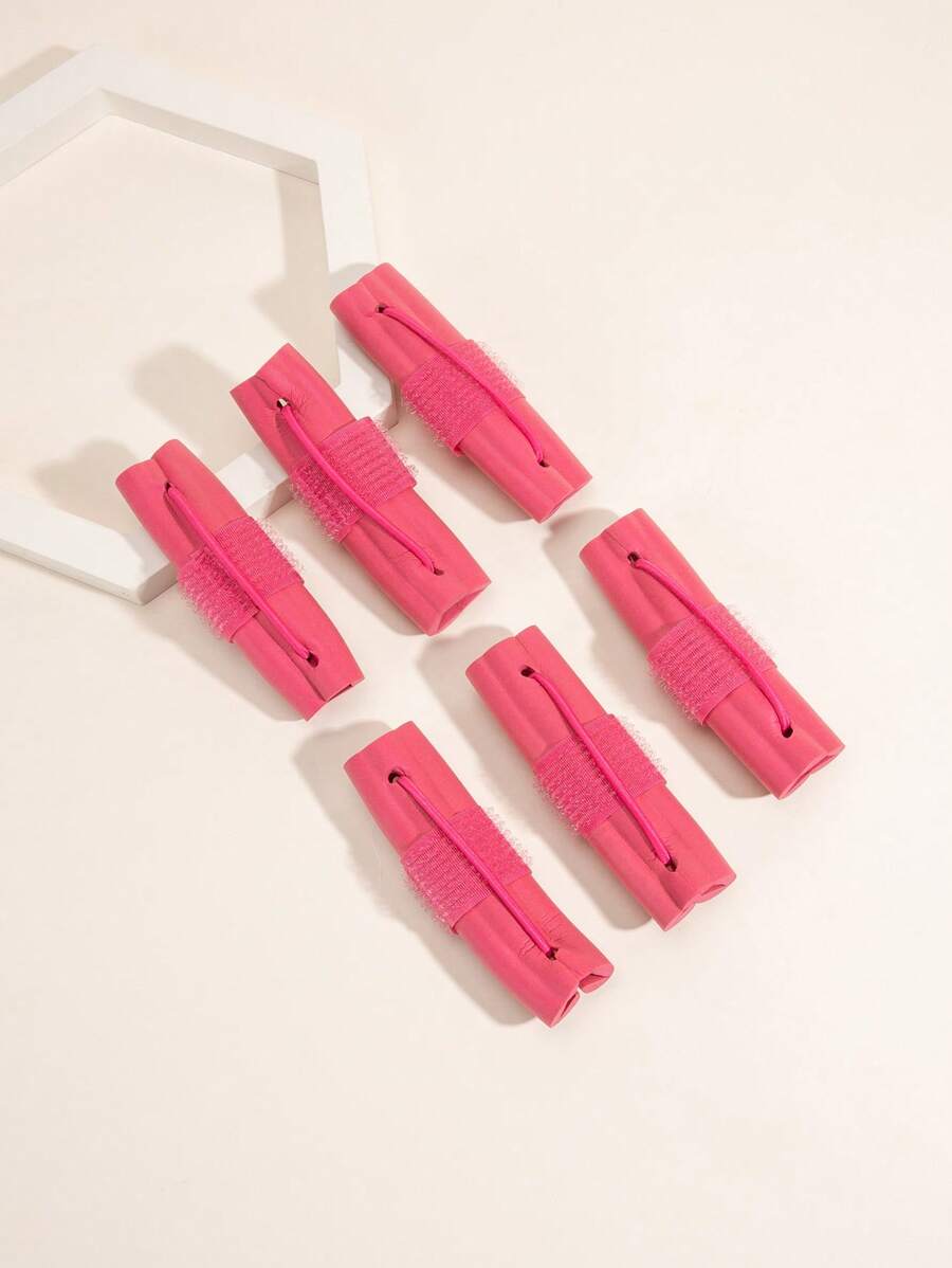 Sponge Foam Hair Roller Set, 6pcs Plastic Flexible Hair Braiding Tool With Elastic Rope For All Hair Types - Pink - View 1