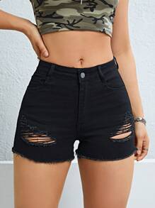 Quần short denim nữ Túi Hem thô Bị tách màu trơn - màu đen - Xem 1